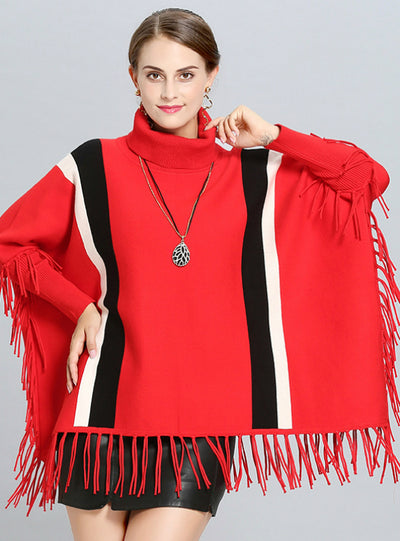 Vertical Stripes Loose Fringed Turtleneck Sweater Coak