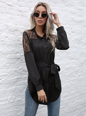 Long Sleeve Black Cardigan Solid Color Shirt