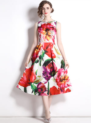 Printed Sleeveless Big Swing Waist Dress