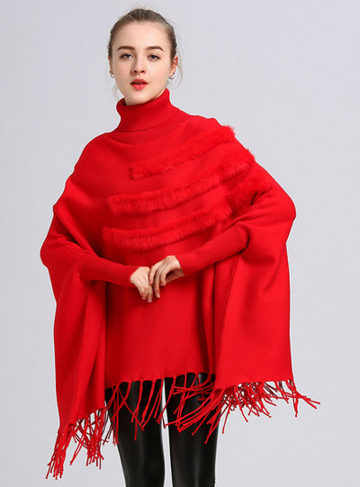 High Necked Bat Sleeve Fringed Turtleneck Cloak