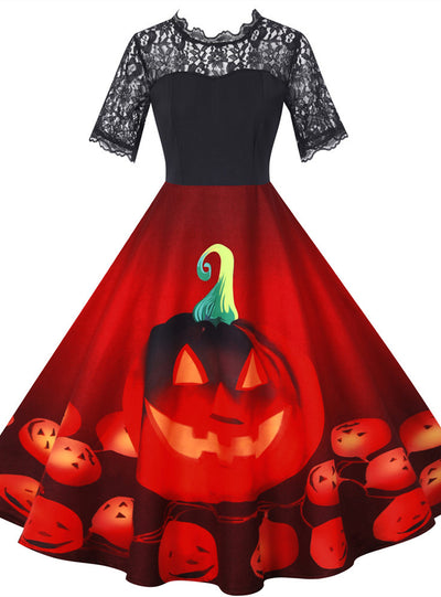 Halloween Lace Short Sleeve Print Dress