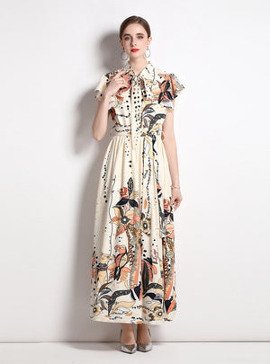 Collar Sleeveless Vintage Print Dress