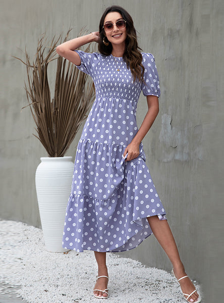 Round Neck Bubble Sleeve Polka Dot Print Dress