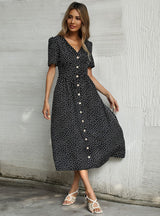 Point V-neck Short Sleeve Button Dress