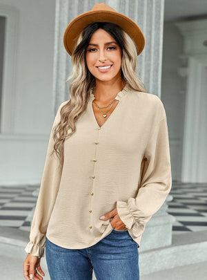 V-neck Fashion Button Solid Color Shirt