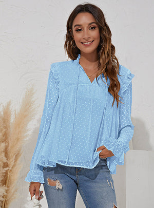 V-neck Jacquard Long Sleeve Ruffled Chiffon Shirt