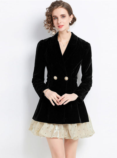 Collar Stitching Long Sleeve Velvet Dress