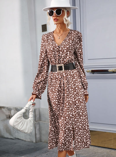 Floral V-Neck Long Sleeve Split Dress