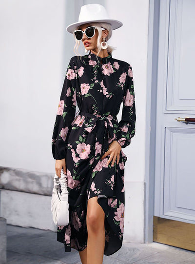 High Neck Printed Chiffon Long Sleeve Dress