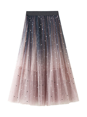 Gradual Star Sequins Elastic Waist Gauze Skirt