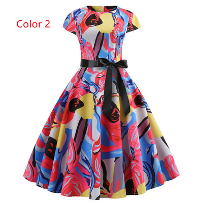 Retro Printed Short Sleeve Dress