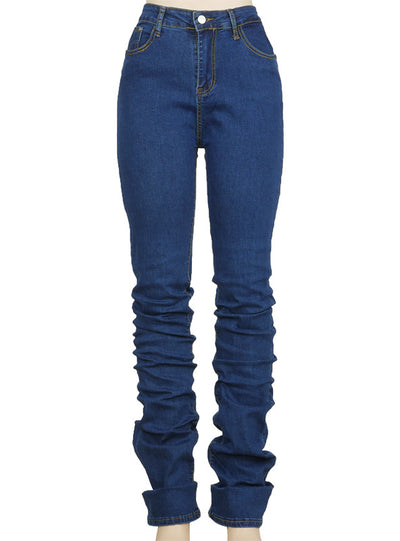 Simenual Ruched Denim Blue High Wait Stacked Pants