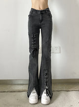 Retro Flanging Irregular Waist Strap Split Jeans