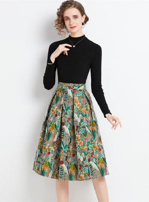 Knitted Jacquard Print Skirt Two-piece Suit