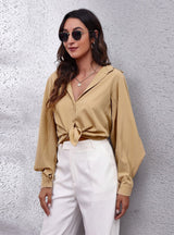 Lantern Solid Color Lapel Long Sleeve Shirt