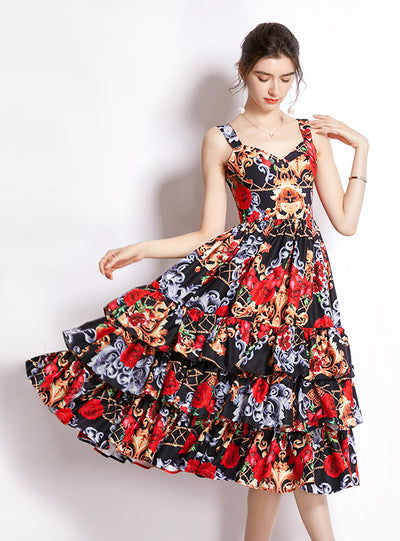 Printed V-neck Waist Cake Dress