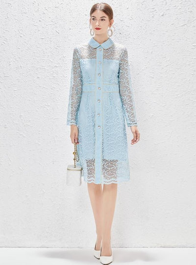 Blue Long Sleeve Heavy-duty Lace Dress