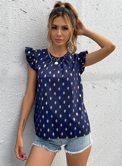 Short-sleeved Polka-dot Blue Chiffon Shirt