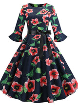 Retro Mid-sleeve Round Neck Print Dress