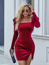 Split Slim Square Neck Velvet Long Sleeve Dress