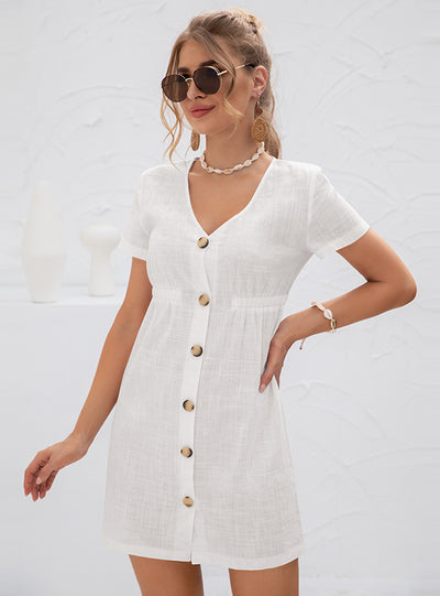 V-neck High Waist Button-down Dress