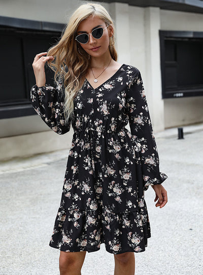 Printed V-neck Lace-up Dress