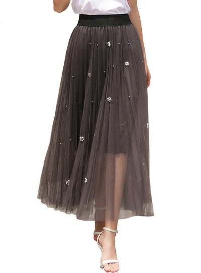 Flash Bright Silk Beaded Gauze Pleated Skirt 