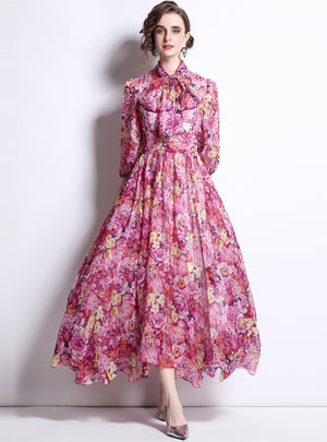 Long Sleeve Chiffon Printed Bow Tie Dress