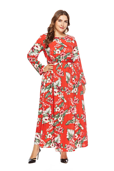 Long Sleeve Printed Big Swing Chiffon Dress