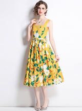 Yellow Sweet Sleeveless Floral Dress