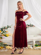 Split Velvet Off the Shoulder Straps Dress