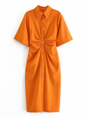 Women Chic Fashion Button-up Draped Midi Shirt Dress