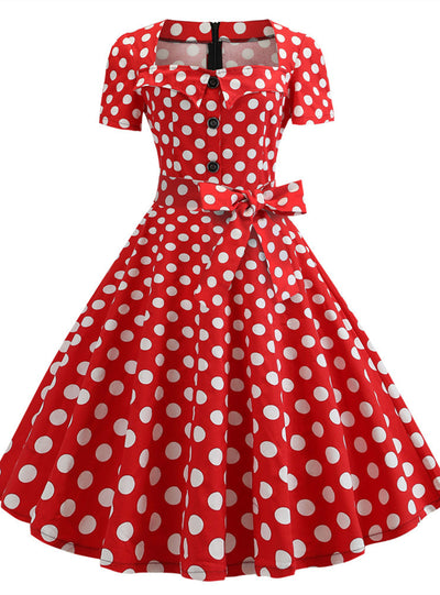 Short-sleeved Button Polka Dot Dress