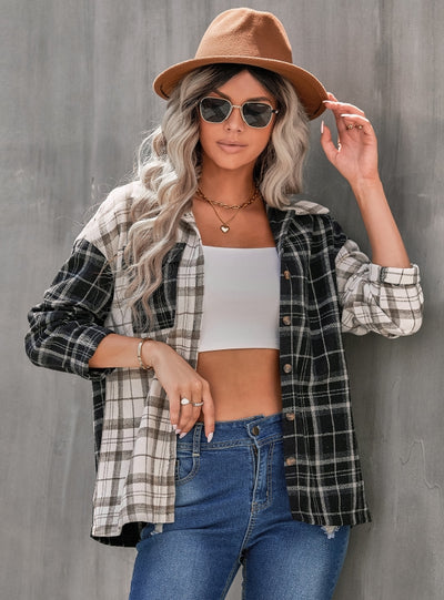 Collar Check Top Long Sleeve Loose Shirt