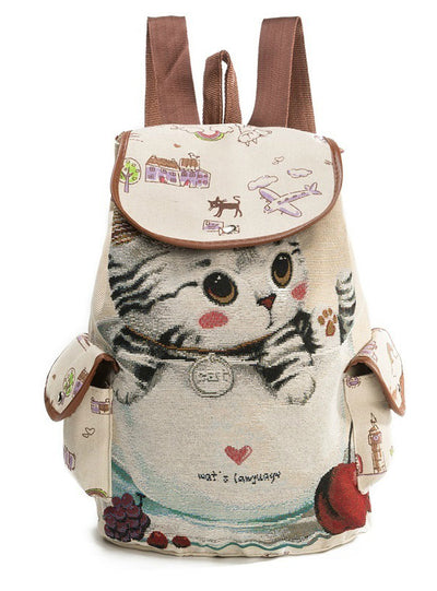 Cute Cat Backpack Women Canvas Backpack Drawstring 