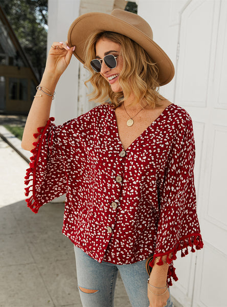 Point Tassel V-neck Long Sleeve T Shirt