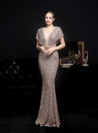 V-neck Bat Sleeve Sequins Party Dress