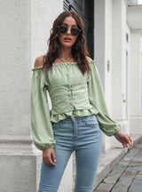 Women Lantern Sleeve Lace Up Shirt