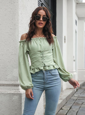 Women Lantern Sleeve Lace Up Shirt