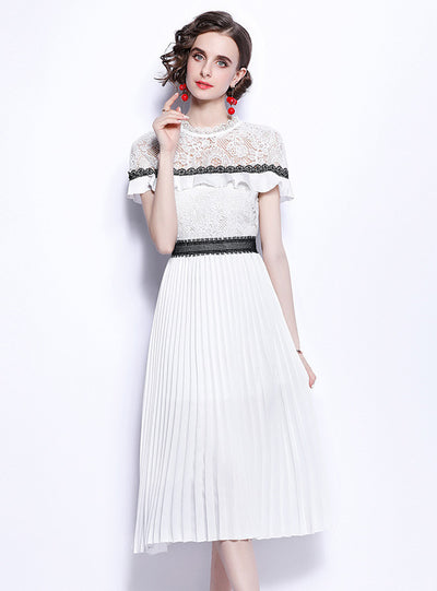 White Lace Waist Slim Pleats Dress