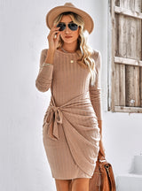 Long Sleeve Round Neck Solid Color Slim Dress