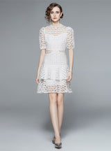 Hollow White Short-sleeved Lace Cake Dress