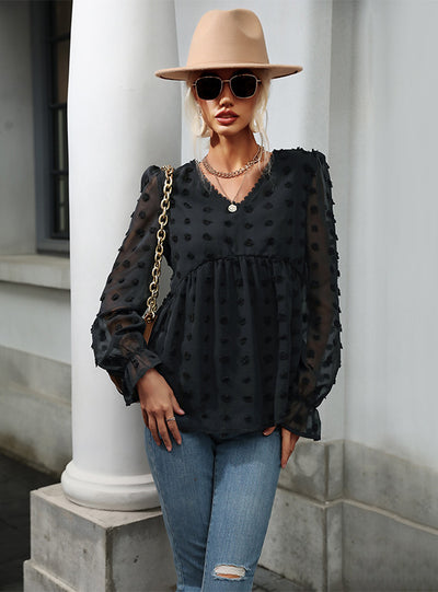 Perspective Gauze Long Sleeve Jacquard V-neck Shirt