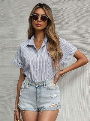 Short Sleeve Collar Striped Shirt