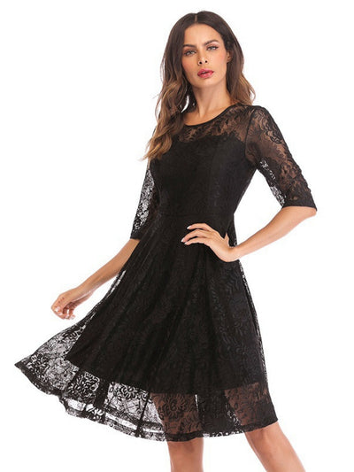 Round Neck Big Swing Retro Lace Dress