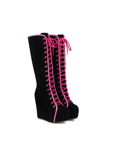 Long Barrel Over-the-knee Lace-up Wedge Boots