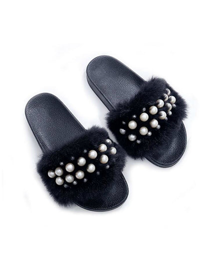 Fluffy Women Fur pearl Slippers Open Toe Flops 