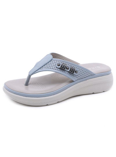 Metal Button Hollow Wedge Heel Flip-flops