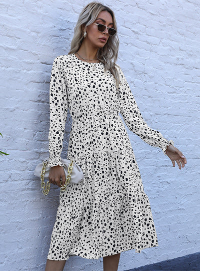 Leopard Print Elastic Waist Round Neck Long Sleeve Dress