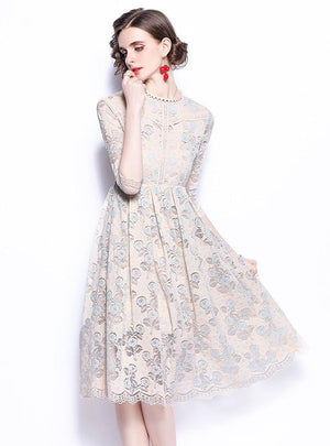 Round Neck Openwork Lace Sleeves Dress